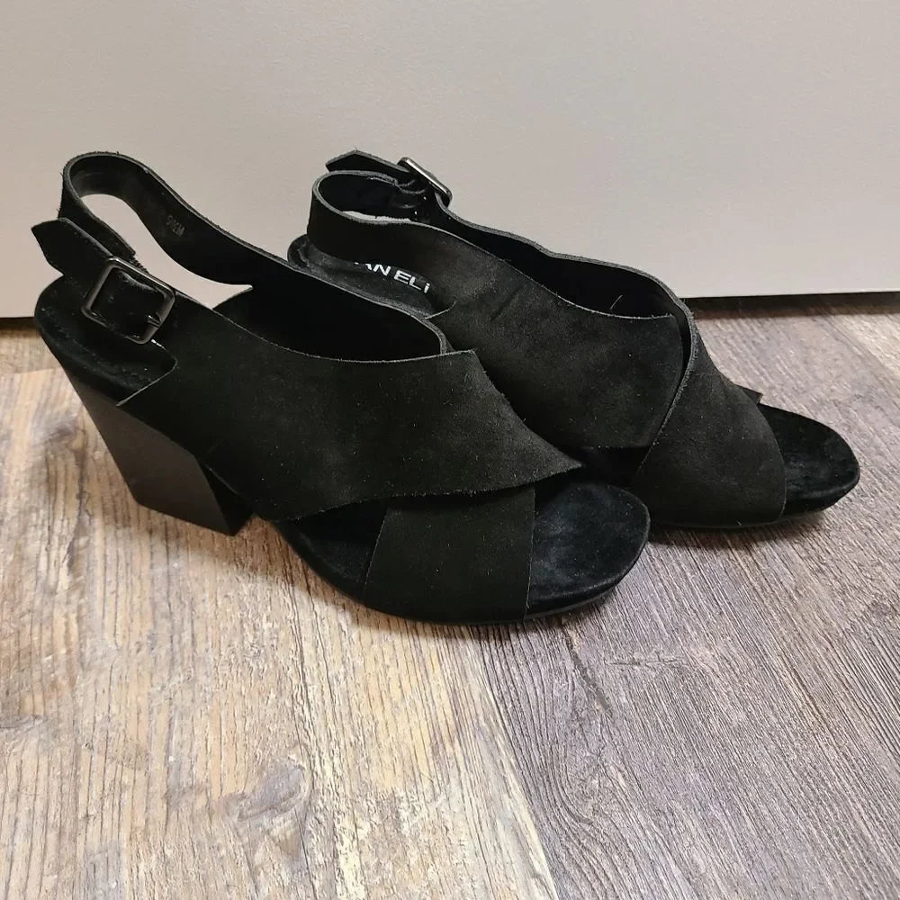 Vaneli Black Suede Thick Strappy Heeled Sandals - Picture 2 of 10